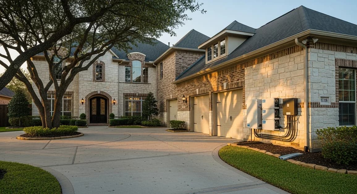 A large 4,000 sqft Houston two-story luxury home with a triple-battery wall stack visible on the side garage exterior.