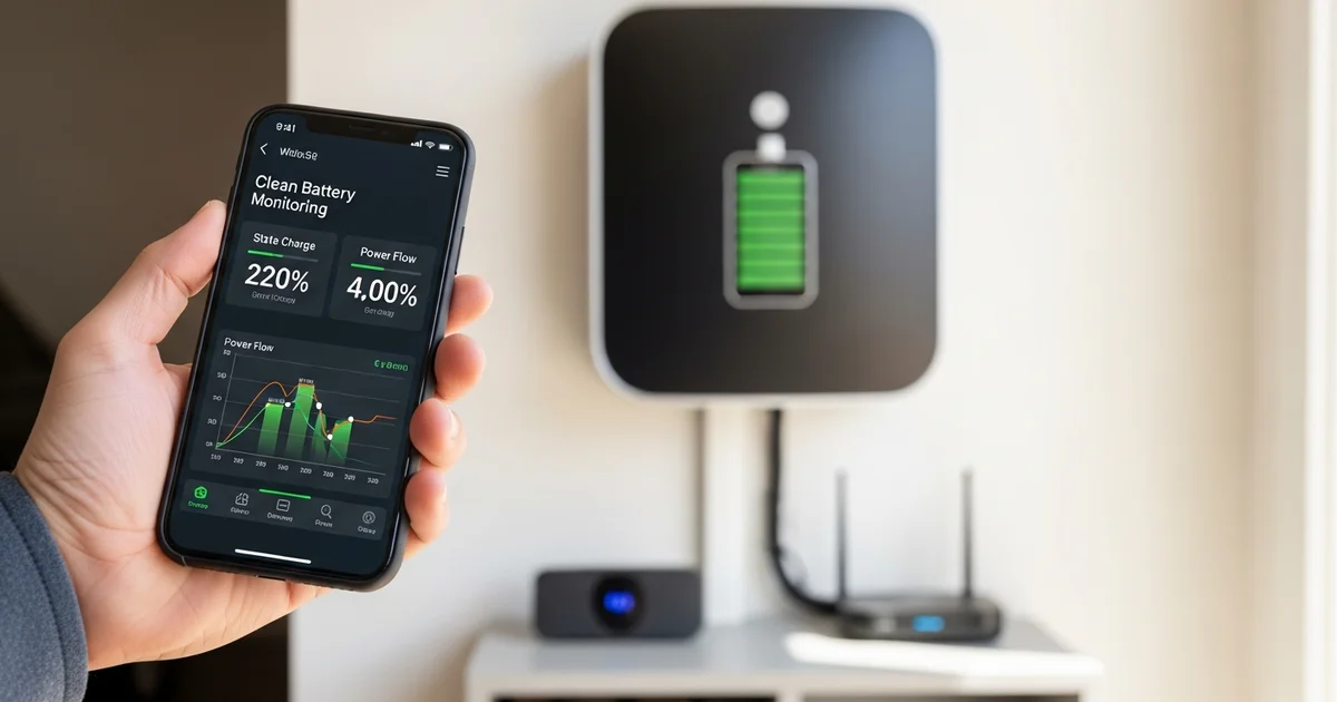 Houston homeowner in a bright garage holding a smartphone showing a home battery monitoring app, with a wall-mounted lithium battery unit and gateway module behind them.