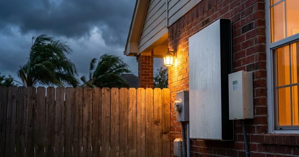 A white wall-mounted home battery with a smart panel on the sheltered side wall of a Houston brick house at dusk, bent palm fronds and storm clouds behind a wooden fence, amber porch light glowing