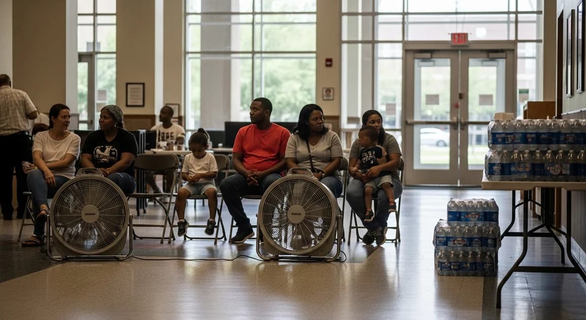 Houston public library lobby converted to a cooling center during a summer power outage, residents seated with bottled water, fans running, daylight from large windows.