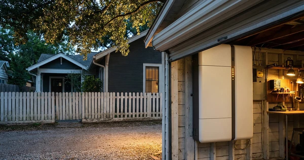 A wall-mounted home battery backup unit installed on the interior wall of a detached wooden garage behind a 1920s Houston Heights craftsman bungalow, the garage door rolled open onto a gravel alley, deep green live oak canopy overhead filtering warm late afternoon light, painted wood siding and a low picket fence visible in the background