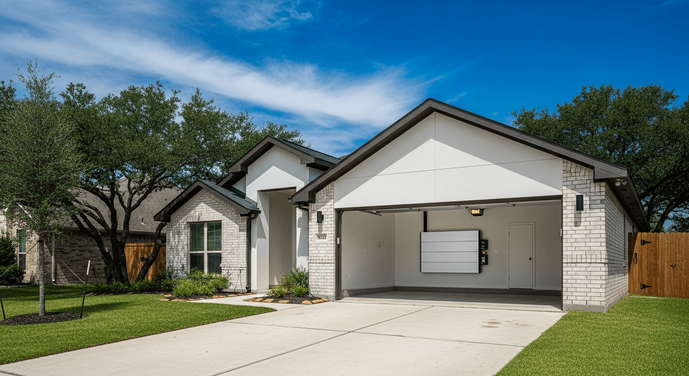 Modern Houston Texas suburban home with open garage showing a wall-mounted home battery backup system installed beside the electrical panel
