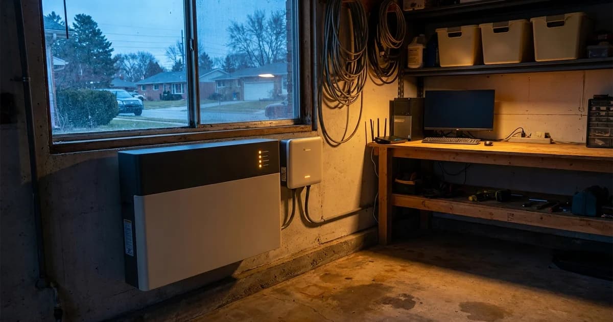 Wall-mounted home battery and gateway in a Houston garage at dusk, with a desktop computer and a Wi-Fi router glowing on a workbench shelf beside it, warm amber light spilling across the concrete floor.