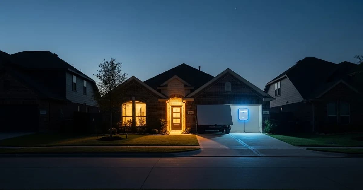 Modern Houston home at night with interior lights on while surrounding homes are dark during a power outage