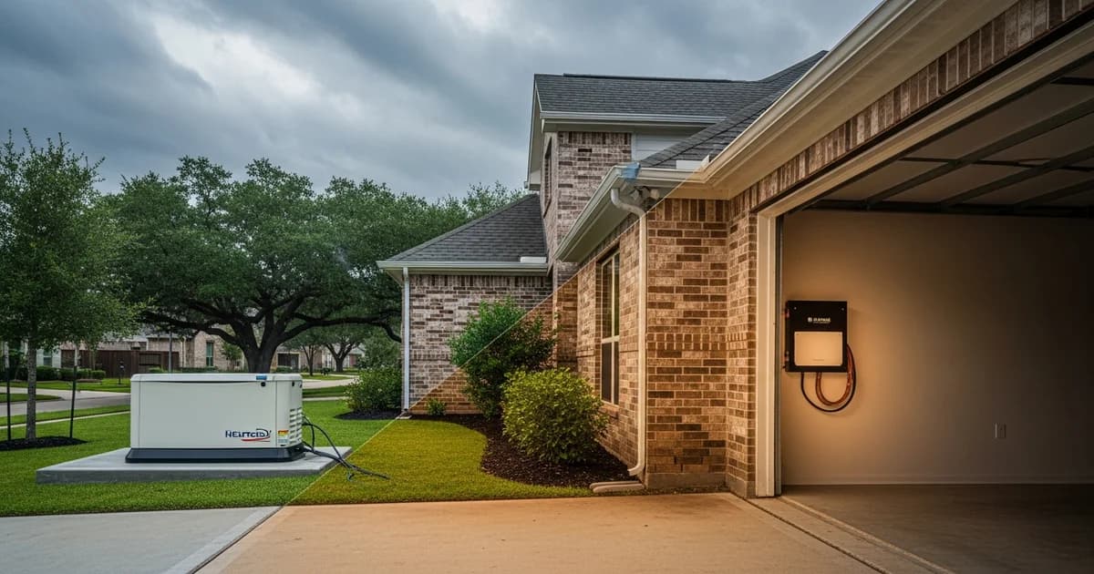 Split-scene Houston suburban home showing a standby generator on the left and a wall-mounted battery backup system on the right