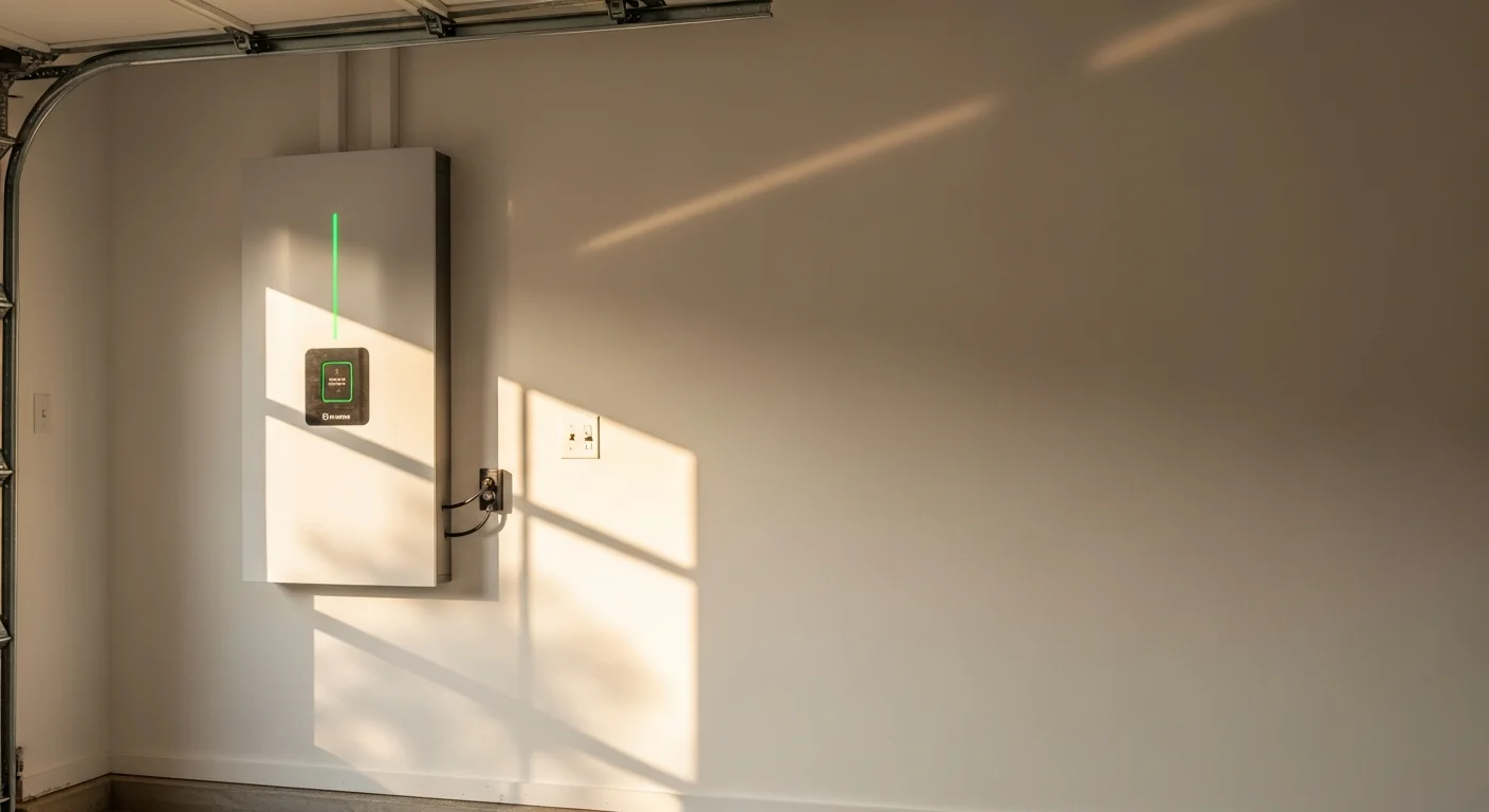 Modern home battery backup system mounted in a Texas garage with warm afternoon sunlight casting soft shadows on the white wall