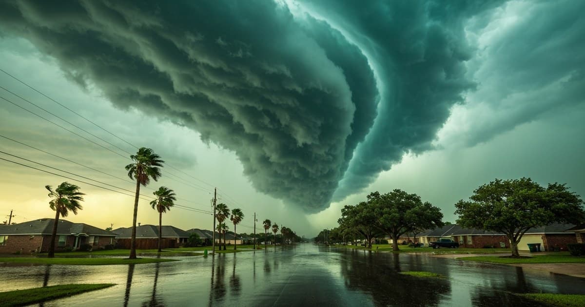 A modern Houston home with warm interior lights glowing during a storm, wall-mounted battery unit visible on exterior wall