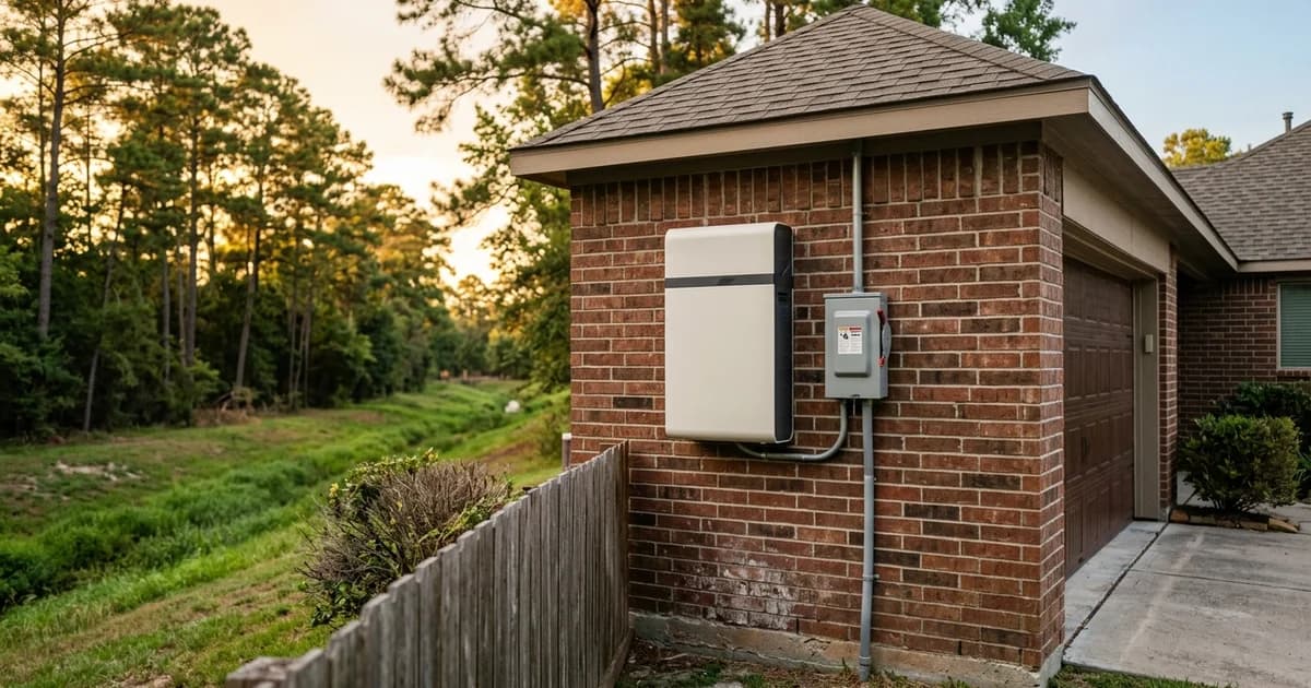 A wall mounted home battery backup unit installed high on the exterior brick garage wall of a single story northwest Houston home, set well above ground level next to a gray electrical disconnect and conduit, with a wide grassy bayou drainage channel and tall pine trees behind the back fence in warm late afternoon light.