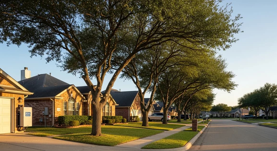 Katy Texas neighborhood street with single-family brick homes and a wall-mounted home battery backup unit visible on a garage exterior, late afternoon light.