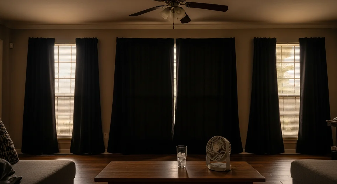 Houston suburban living room with shades drawn and a battery-powered fan running on the coffee table during a summer afternoon power outage.
