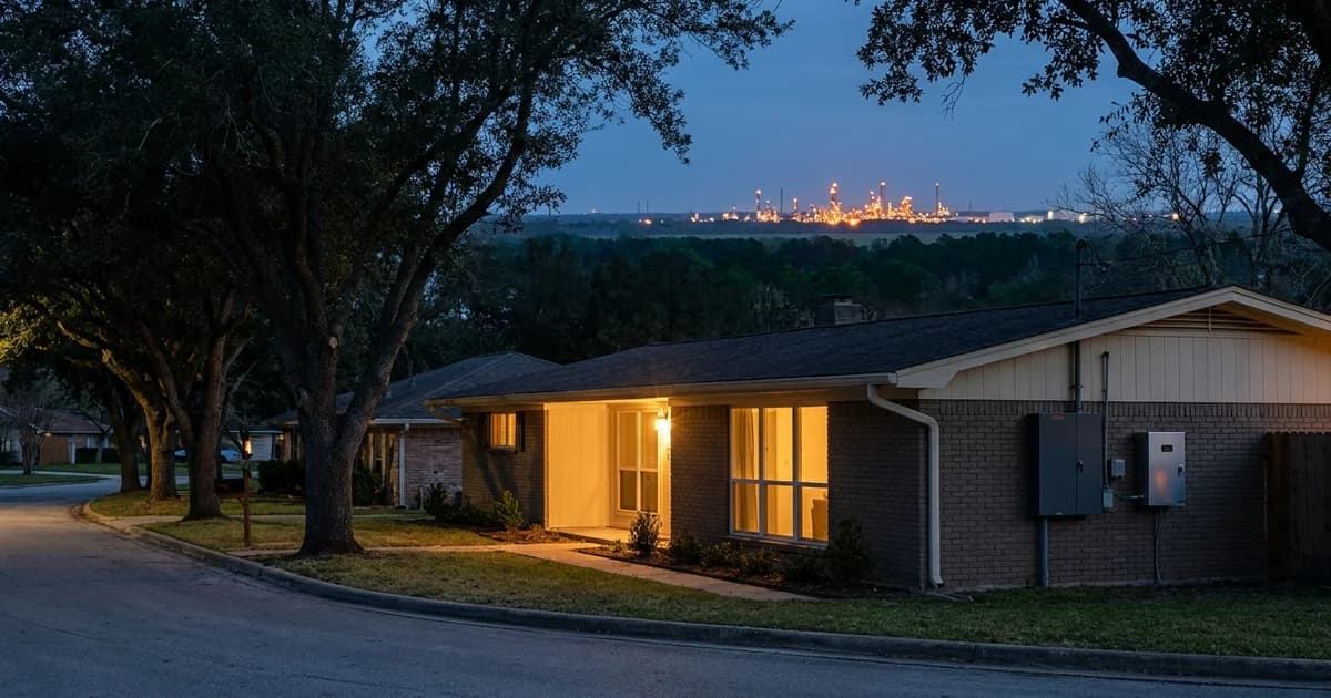 Mid century single story brick home on a curved oak lined street in Lake Jackson Texas at dusk, with a wall mounted battery cabinet and gray electrical panel on the side of the house and the lights of a coastal industrial plant glowing on the flat horizon behind the treeline