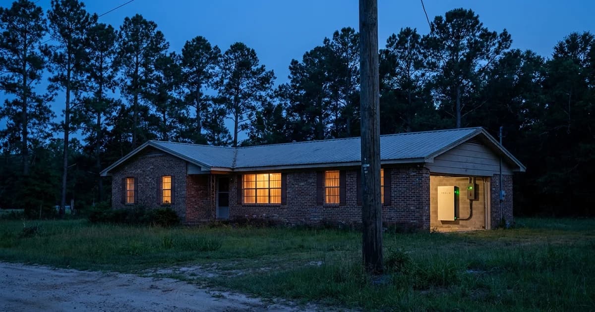 A single-story brick ranch home on a rural lot in southeast Texas at blue hour, tall pines behind it, a wood utility pole at the roadside, warm amber light glowing in the windows and a wall-mounted home battery unit visible inside the open garage