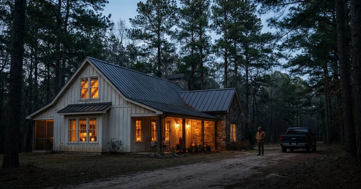 Rural Magnolia Texas home lit at dusk under tall pine trees while the surrounding road stays dark during a Montgomery County power outage