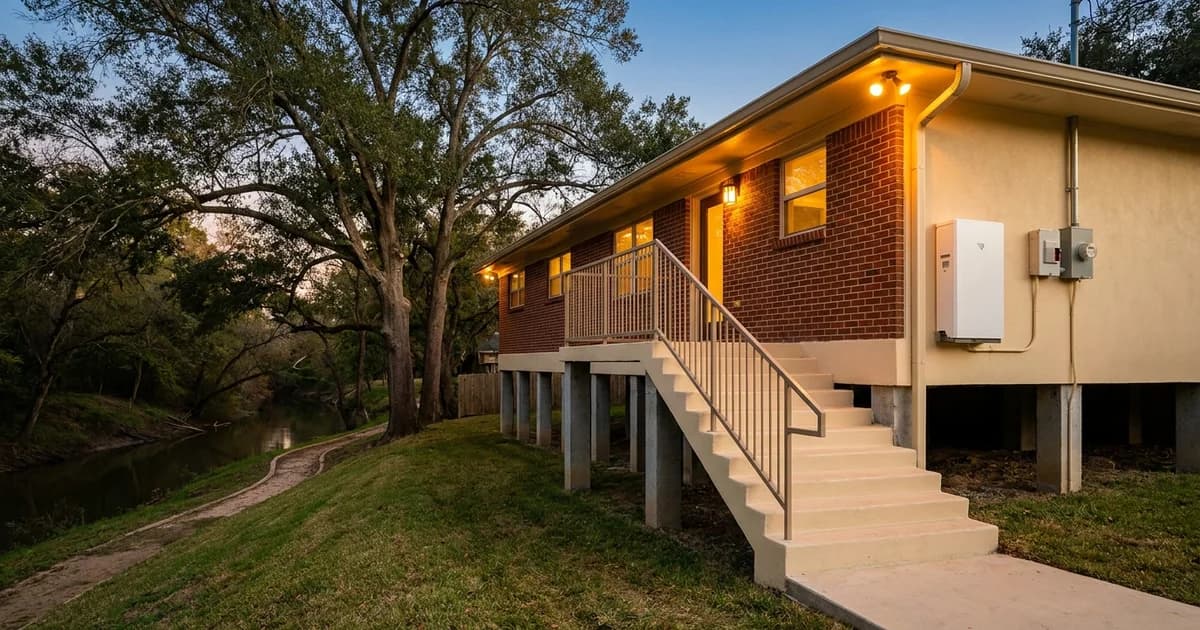 A 1950s brick ranch house in Houston lifted onto a tall new pier foundation with a wide concrete stair, a white wall-mounted home battery cabinet and disconnect mounted on the raised side wall well above a grassy bayou bank, mature pecan trees and a bayou trail in the background, warm amber evening light with cool blue dusk sky