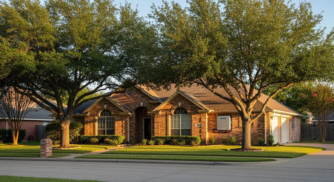 Missouri City Texas suburban home in Sugar Creek subdivision with mature trees and a wall-mounted home battery backup unit visible on the side garage exterior.