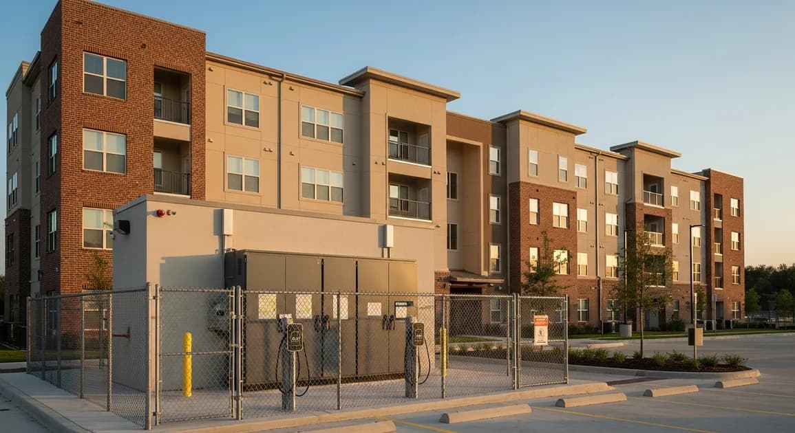 Houston multi-family residential building exterior with shared common-area battery cabinet visible at the parking-level service area, EV chargers in foreground.