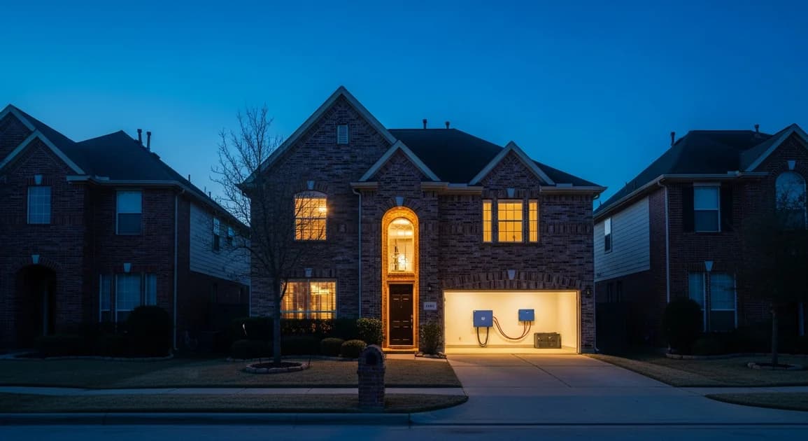 A modern home battery backup system installed in a Houston garage, contrasted against an empty gas can representing generator fuel dependency.