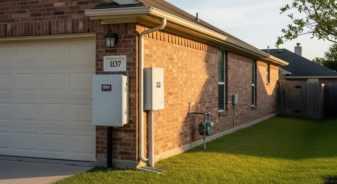 Pearland Texas brick home with an elevated NEMA-rated battery backup enclosure mounted high on the garage exterior to protect from flood waters.