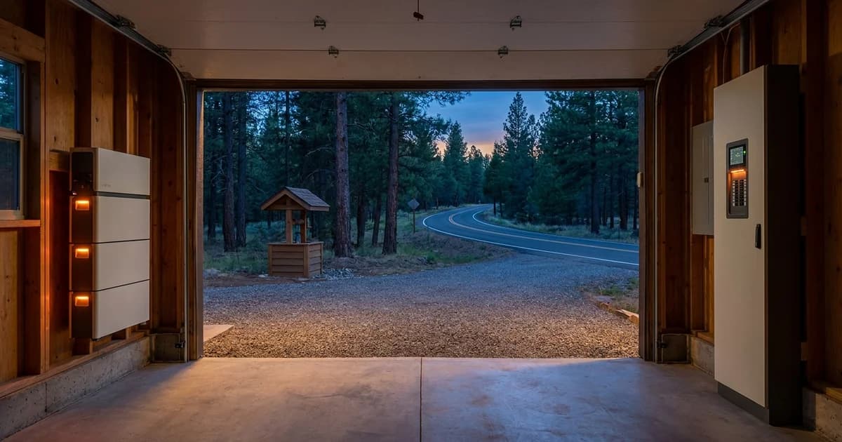 A wall-mounted home battery stack and smart electrical panel installed inside an open garage on a pine-shaded acreage lot in east Montgomery County, Texas, with a gravel driveway, a small well pump house, and a two-lane rural road visible through the open door at dusk