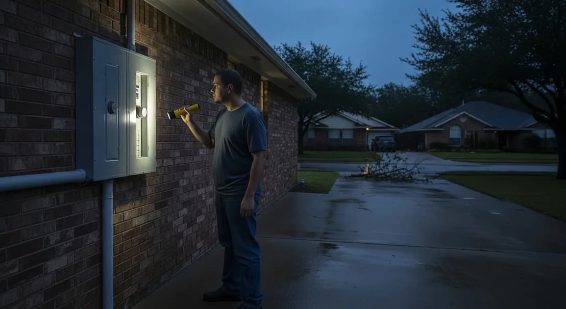 Houston homeowner inspecting an outdoor electrical panel with a flashlight at dusk during a power outage, downed branch visible in the background.
