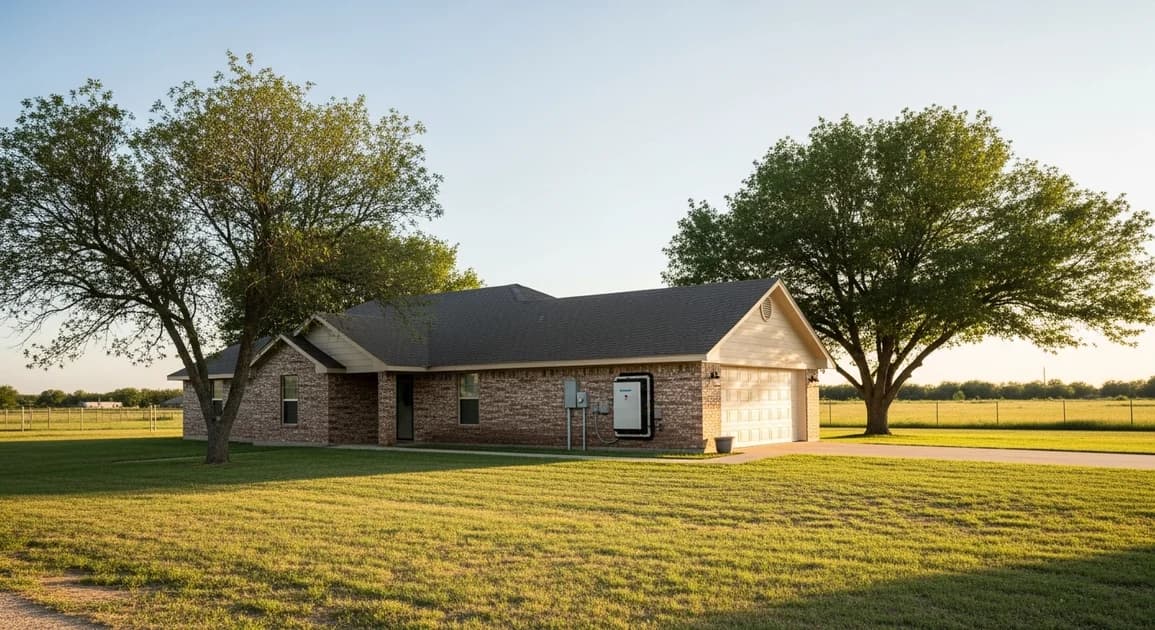 A larger-lot Richmond TX rural-suburban home with mature trees, a wall-mounted home battery backup unit visible on the side garage exterior.