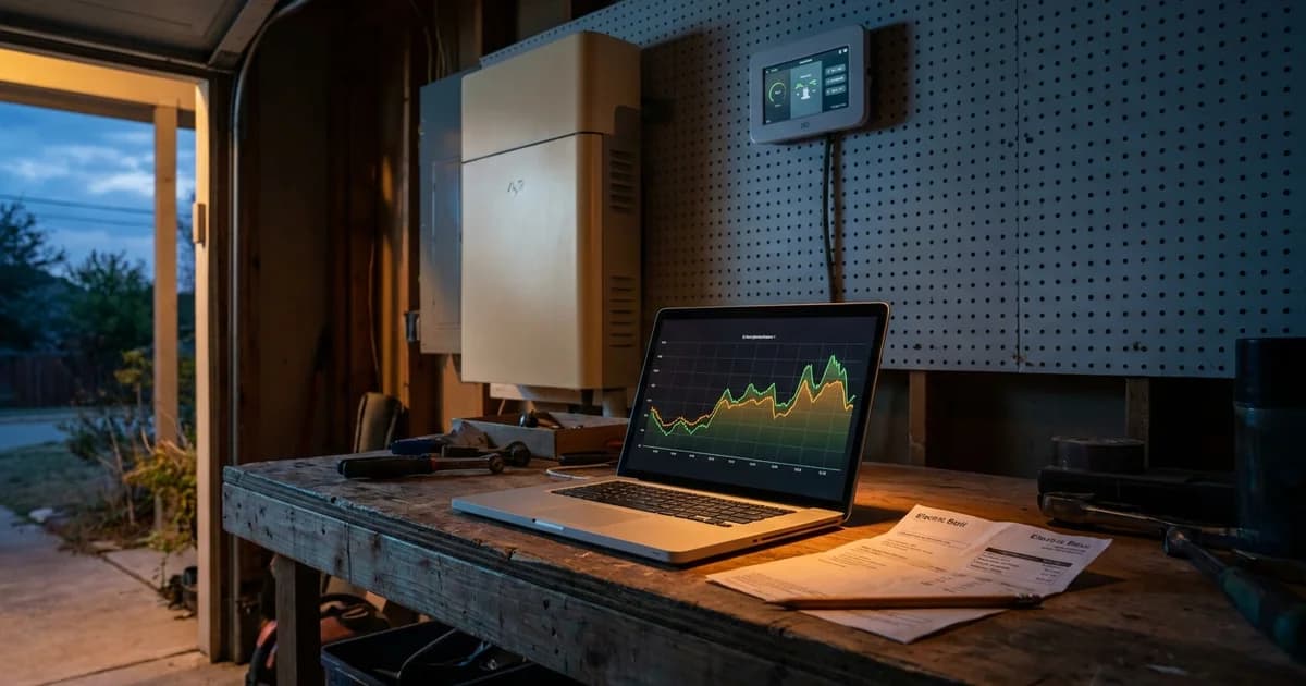 A laptop on a workbench in a Texas garage showing a softly glowing line chart of daily electricity use, next to a printed electric bill and a pencil, with a wall-mounted home battery and smart controller behind it, warm amber light from an open garage door at blue hour