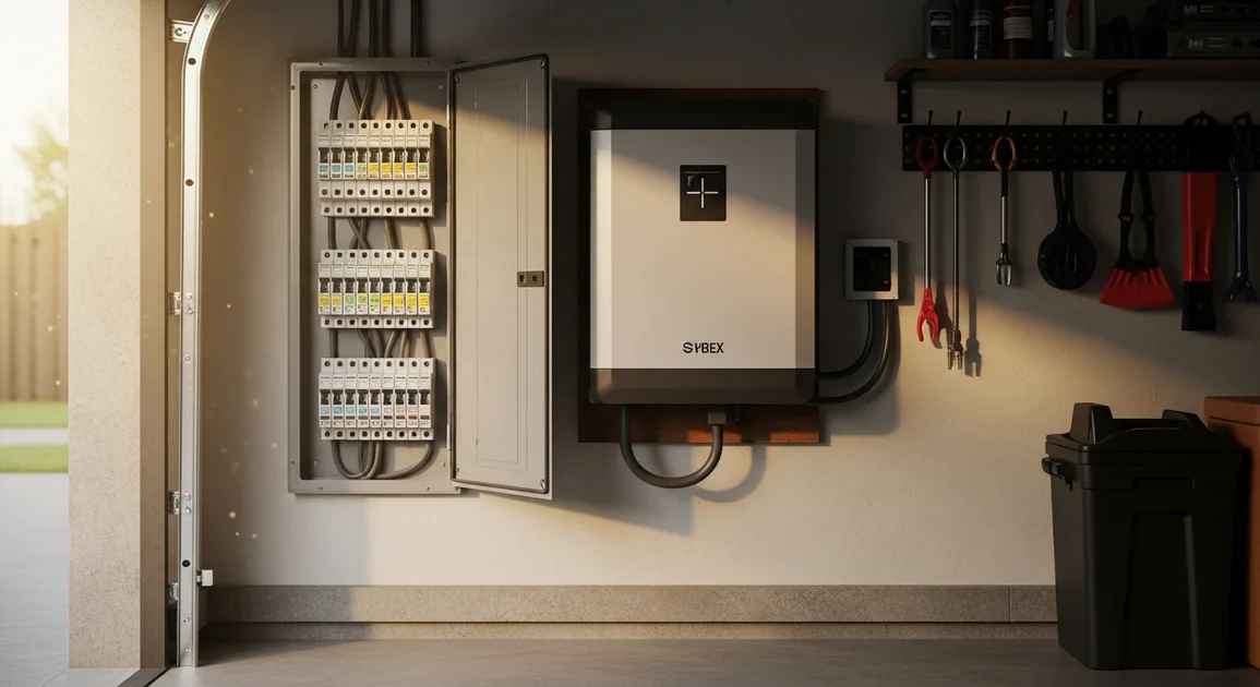 Labeled residential electrical panel breakers beside a wall-mounted home battery in a Houston garage, organized by backup priority tier.