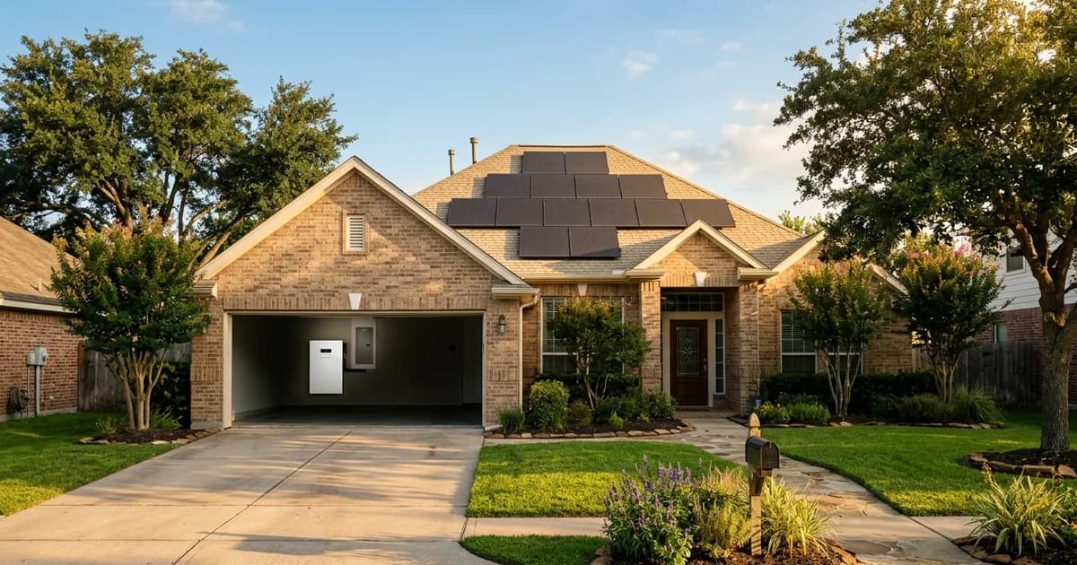 A single-story Texas suburban home with dark solar panels on the roof and a sleek white wall-mounted battery storage unit visible in the open garage at golden hour