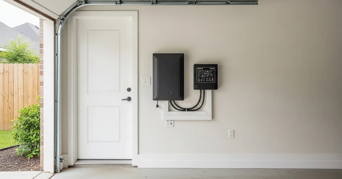 Home battery storage cabinet mounted on a Houston garage wall, comparing lease versus ownership.