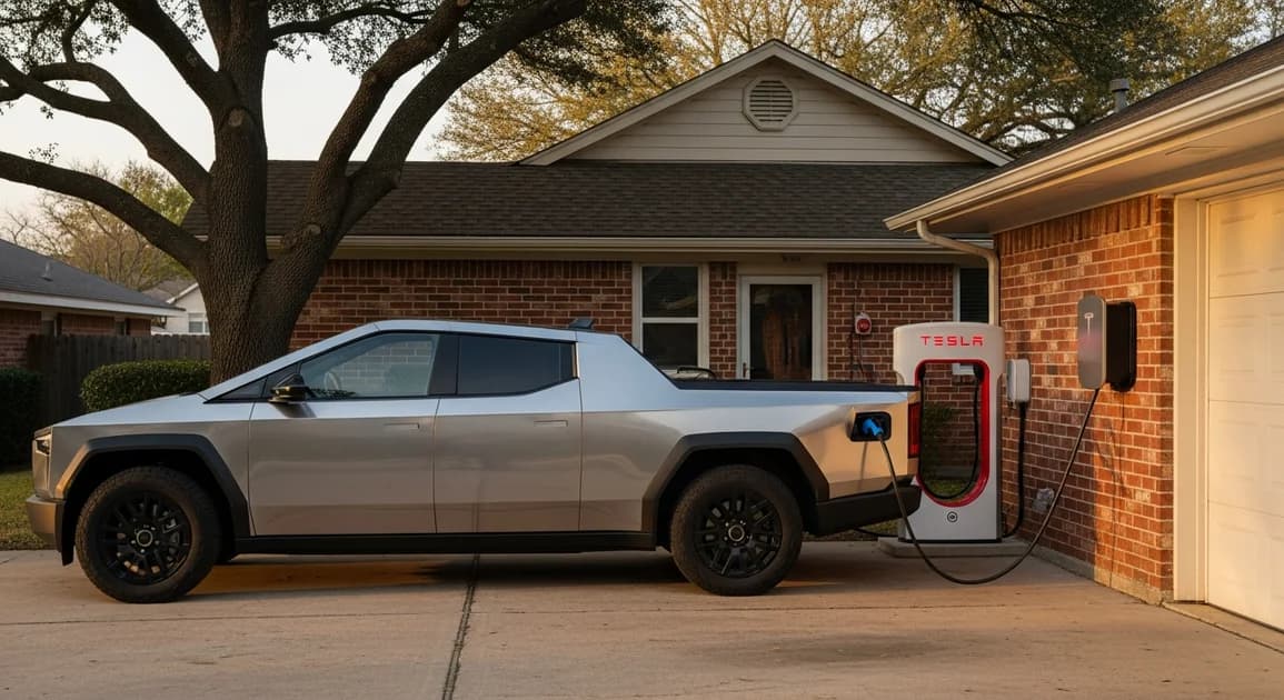 Tesla Cybertruck-style angular electric truck parked at a Houston suburban home driveway with a Tesla Universal Wall Connector and a Powershare-capable Gateway visible on the garage wall.