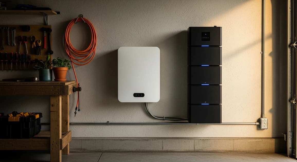 Two wall-mounted whole-home batteries side by side in a clean Texas garage, one compact integrated unit and one modular stacked unit, neutral lighting.