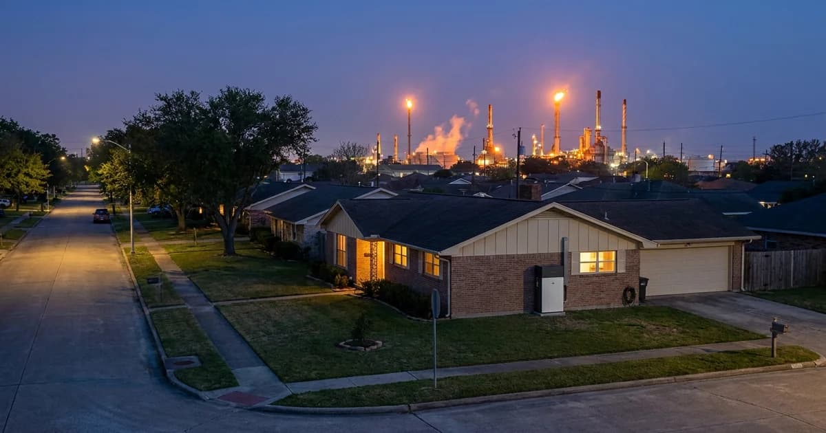 Single-story 1960s brick ranch house on a wide Texas City street at dusk, a wall-mounted home battery backup unit beside the garage, refinery flare stacks and steam columns glowing on the flat horizon behind the rooftops