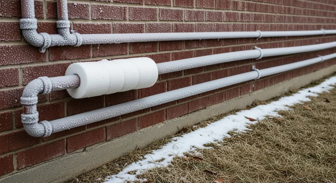 Frost-covered pipes on the exterior of a Houston suburban home during a hard freeze, insulation wrap partially applied.