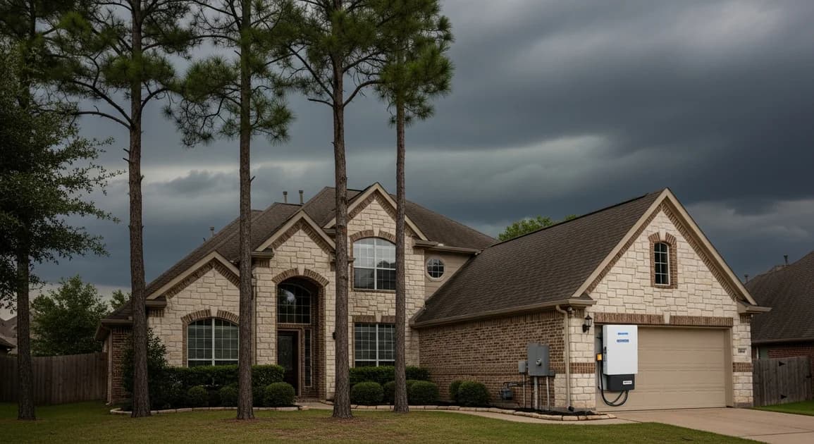Two-story stone-and-brick home in The Woodlands Texas under heavy storm clouds, with a wall-mounted home battery backup unit installed on the garage exterior.