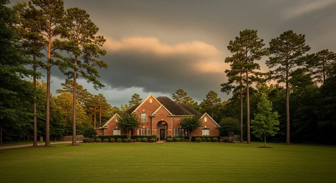 A northwest Houston acreage home near Tomball surrounded by tall pines and open lawn under a dramatic storm sky.