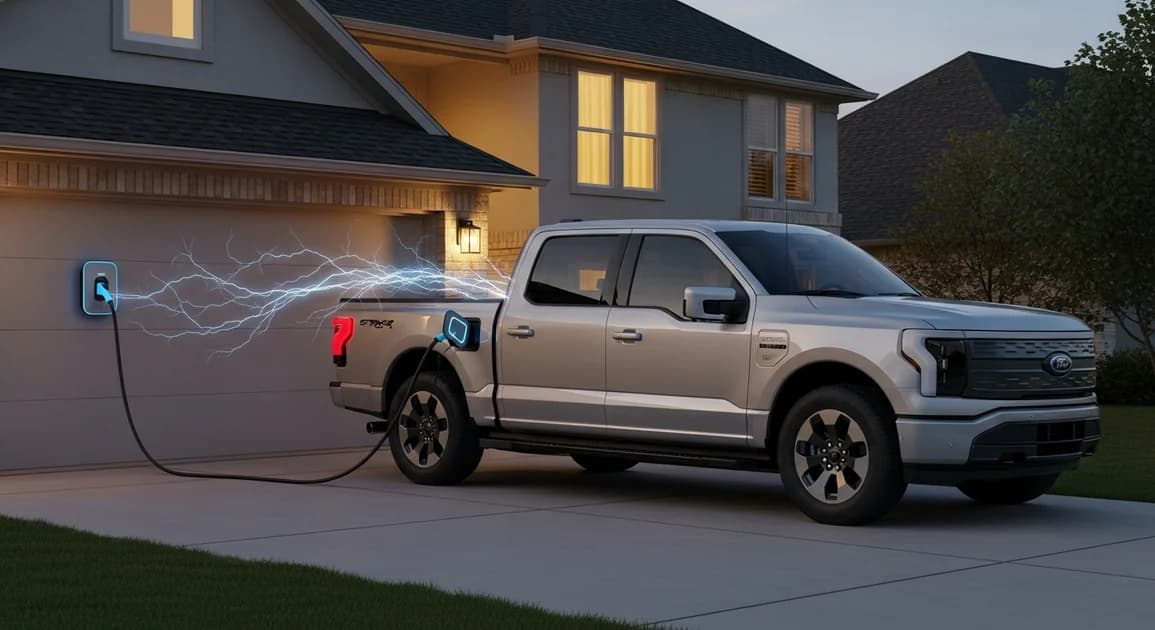 Electric truck connected to a wall-mounted bidirectional charger in a residential driveway at dusk, with warm house lights on