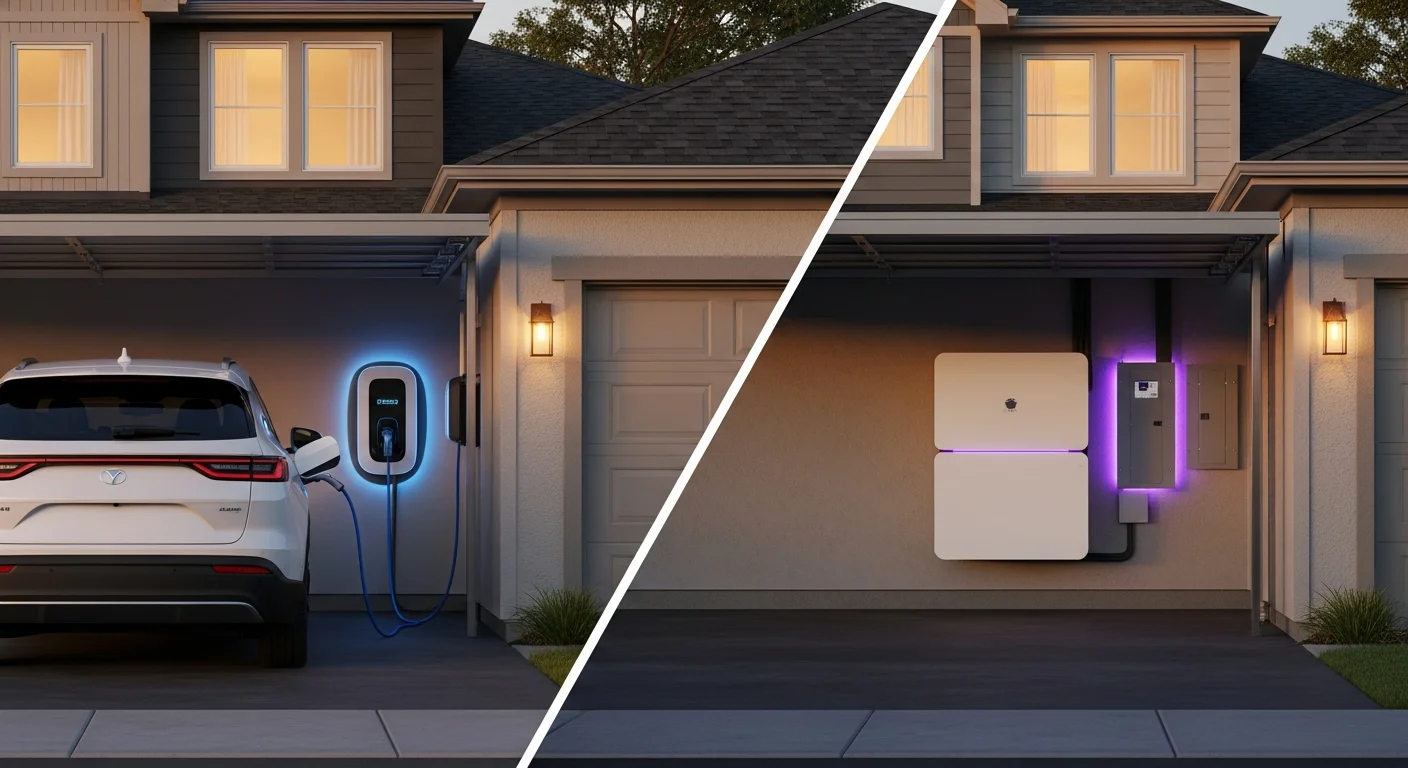 Side-by-side comparison of a wall-mounted Tesla Powerwall and a V2H bidirectional charger connected to an electric vehicle