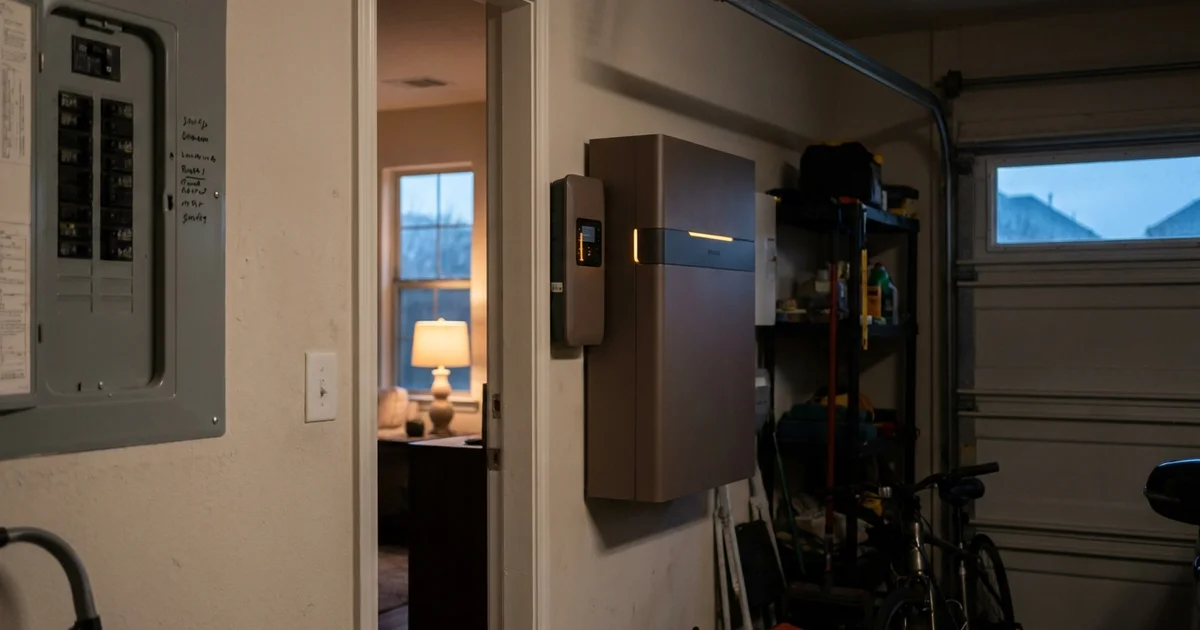 Wall-mounted home battery and controller in a Houston garage beside a labeled electrical panel, with only part of the house lit during an outage.