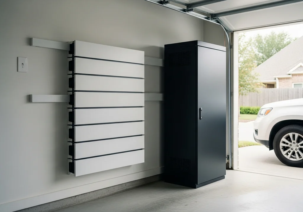 Slim white stacked modular battery mounted on a garage wall next to a dark floor-standing battery cabinet, side by side in a residential Houston garage.