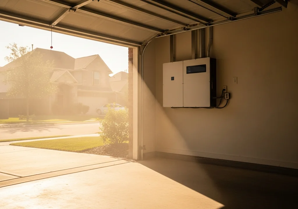 Houston, Texas garage in peak summer heat with a wall-mounted home battery system inside and bright heat haze visible through the open garage door.