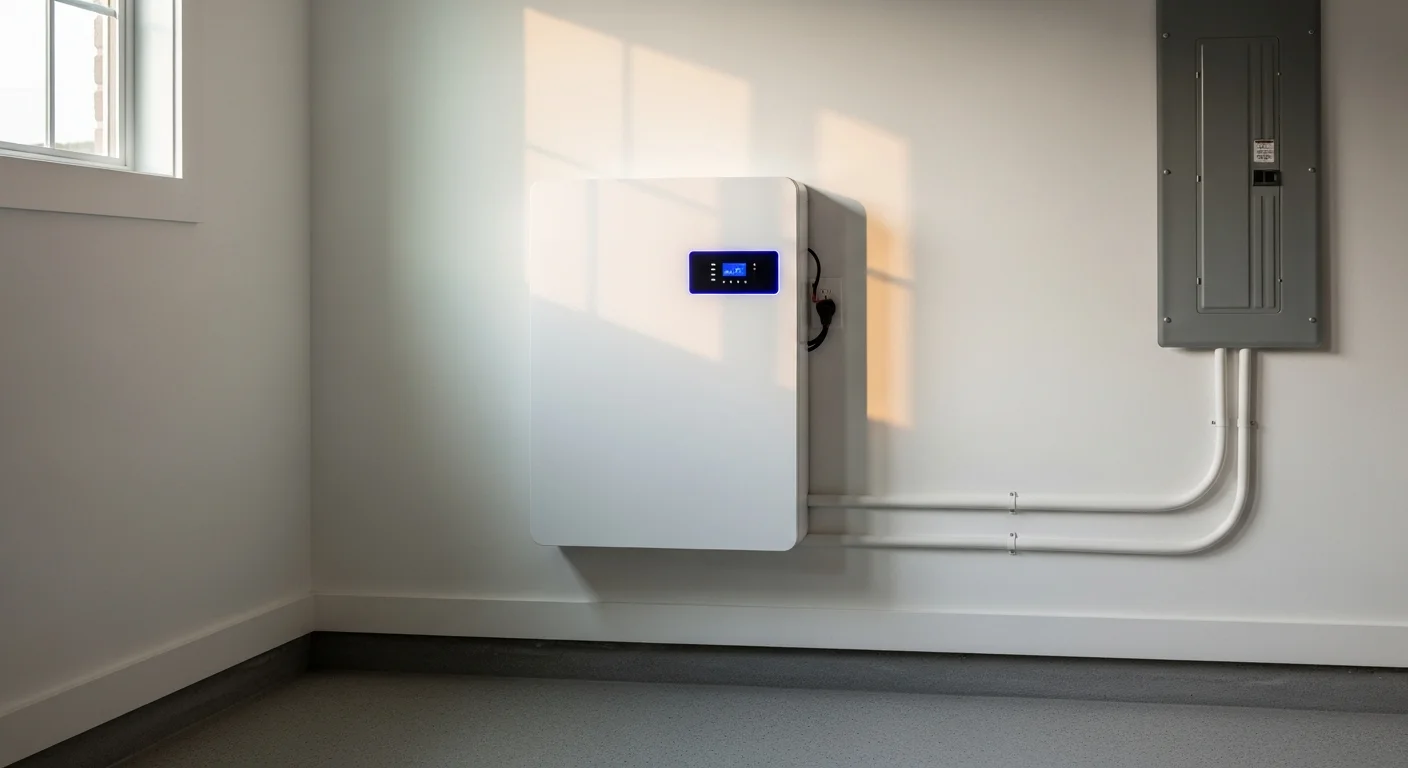 Wall-mounted home battery backup unit with status display in a Texas garage, showing state of charge during normal operation before an outage