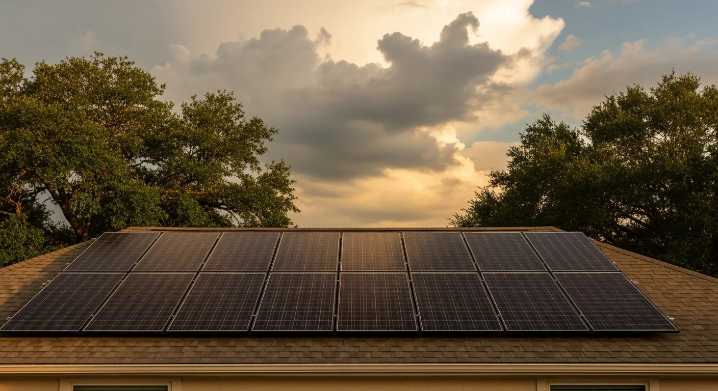 Rooftop solar panels on a Houston suburban home during a partly cloudy late afternoon, showing how solar continues to generate power after storm systems pass