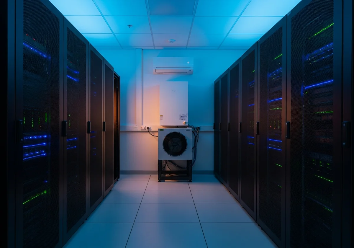 Server room with equipment racks and in-row cooling units in a small Houston edge data center