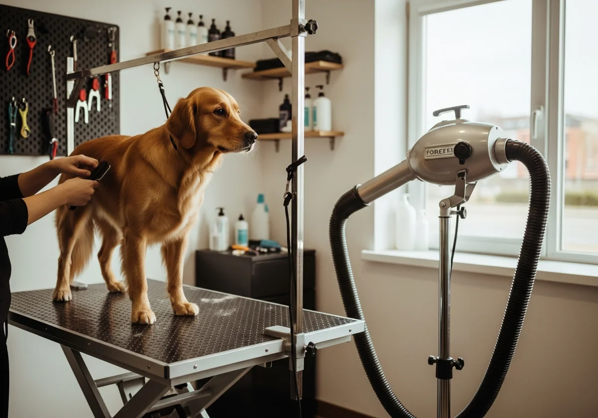 Professional dog groomer brushing a golden retriever on a grooming table beside a stand-mounted force dryer in a bright salon.