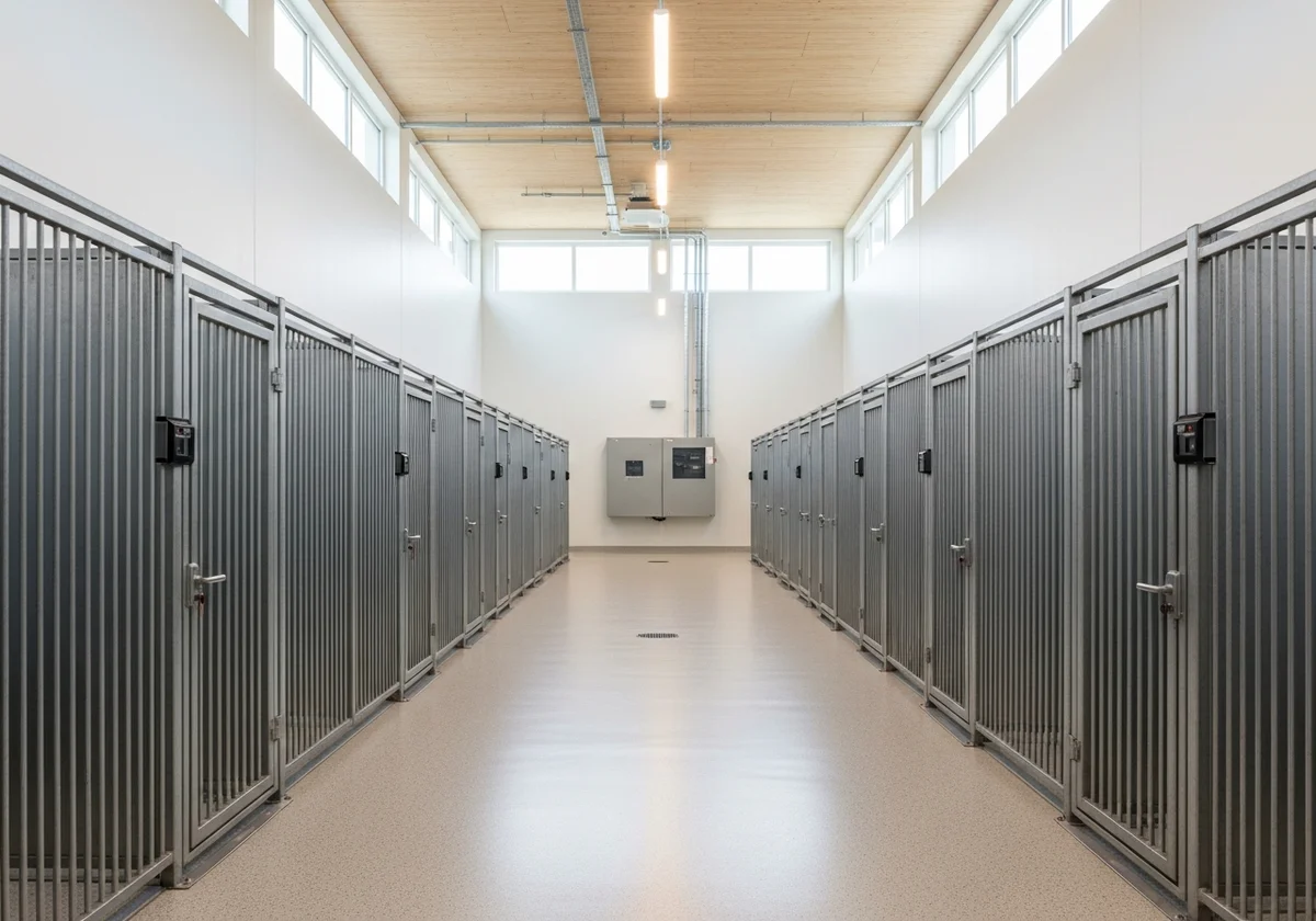 Clean commercial dog boarding kennel corridor in Houston with rows of gated steel enclosures and a wall-mounted backup power cabinet at the end of the hall.
