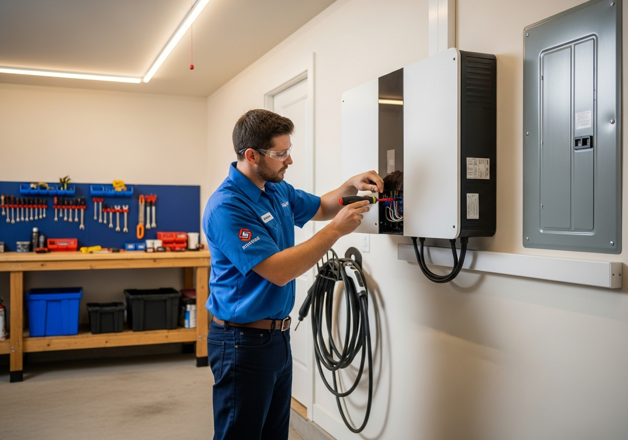 Professional electrician in blue uniform installing a wall-mounted home battery system in a clean Houston Texas residential garage