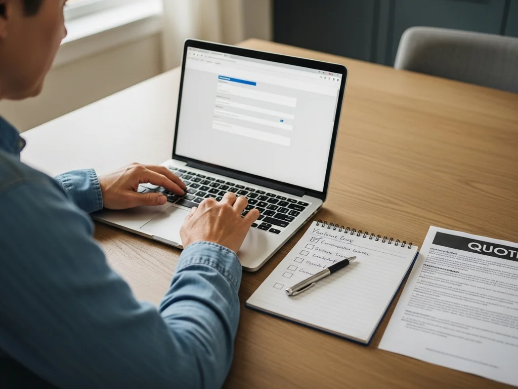 Close-up of a homeowner and installer checking a TECL license number against the TDLR license search website on a laptop