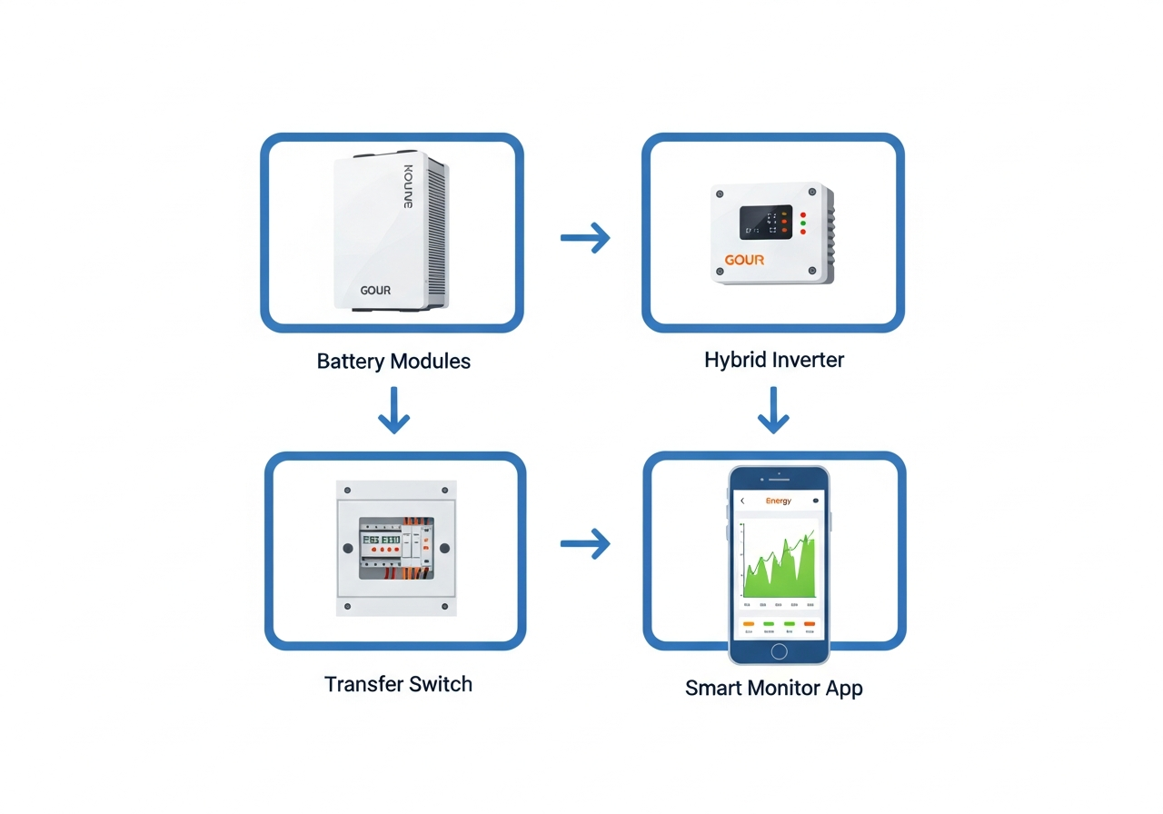 Diagram showing home battery system components: battery modules, hybrid inverter, transfer switch, and smart monitor app connected with arrows showing energy flow