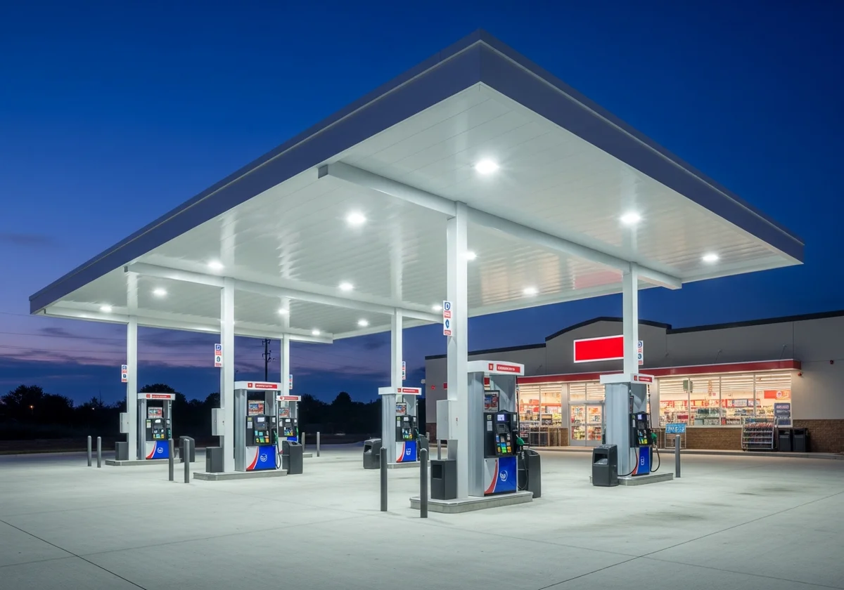 Convenience store fuel island with dispensers lit at night