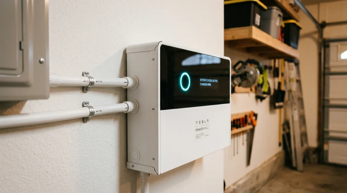 A wall-mounted home battery storage unit installed in a Texas residential garage next to an electrical panel